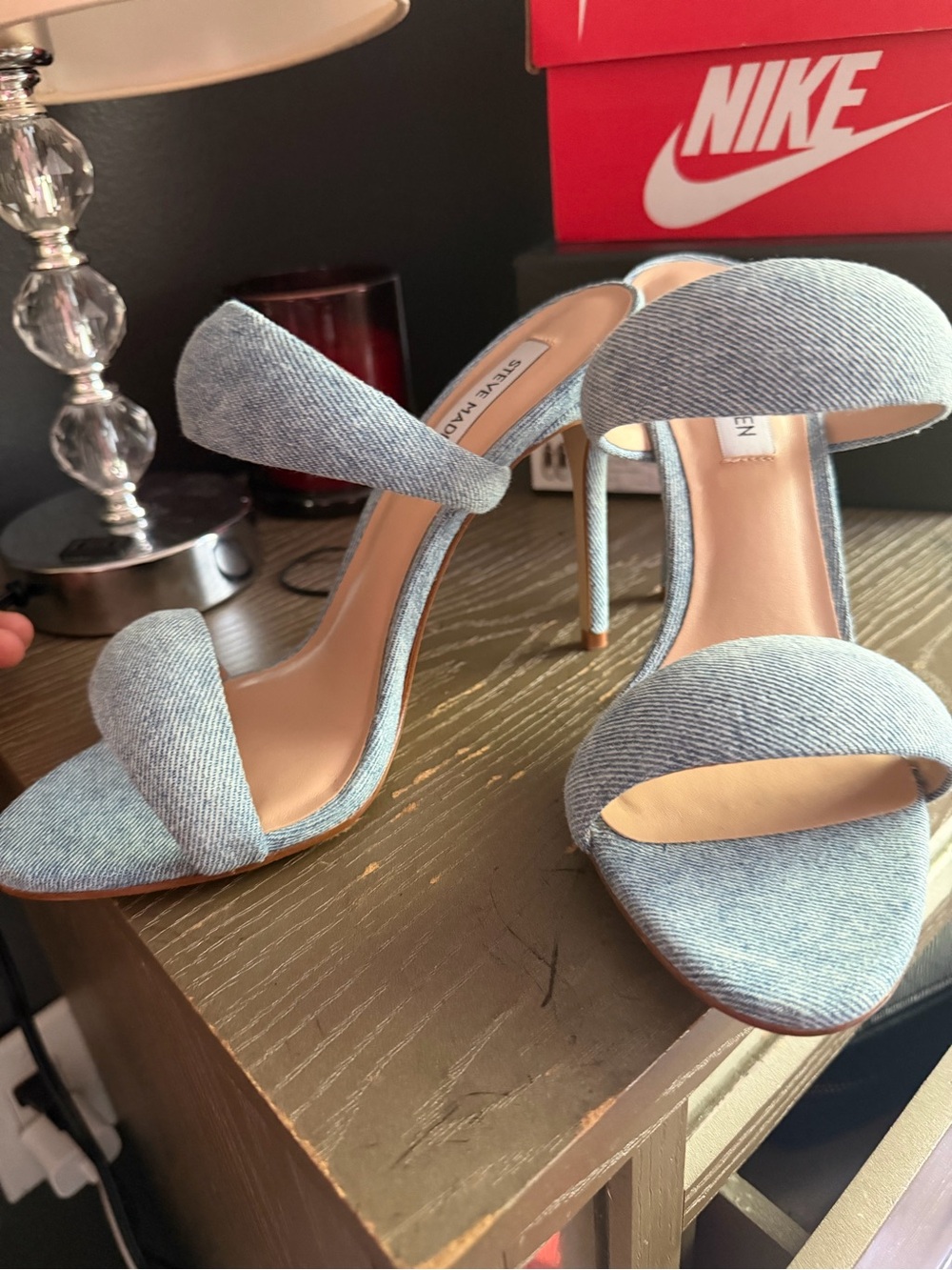Steve Madden Light Denim Two-Strap Stiletto Sandals